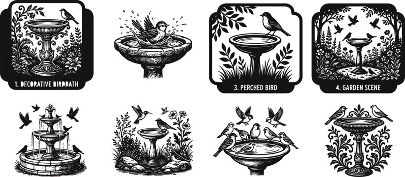 Birdbath vector graphic set featuring wild birds splashing bathing and perching on decorative garden fountains and water basins