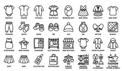 Naklejka premium Infant Clothing Outline Icons Collection for Baby Fashion and Newborn Apparel Stores