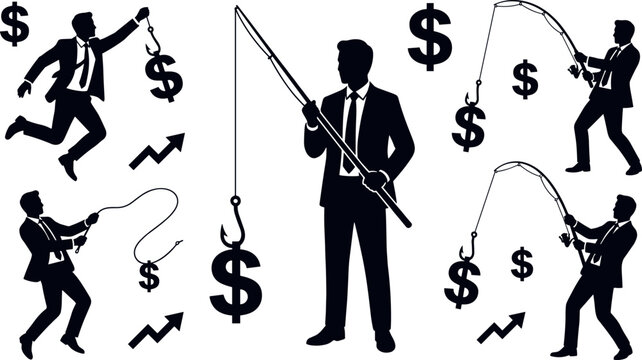 Businessman phishing money silhouette collection featuring finance fishing rod dollar bait growth arrow and investment risk concept vector.