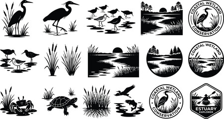 Coastal wetland conservation badge and emblem set featuring herons shorebirds turtles crabs marsh landscapes and estuary kayaking vectors © MdSagor