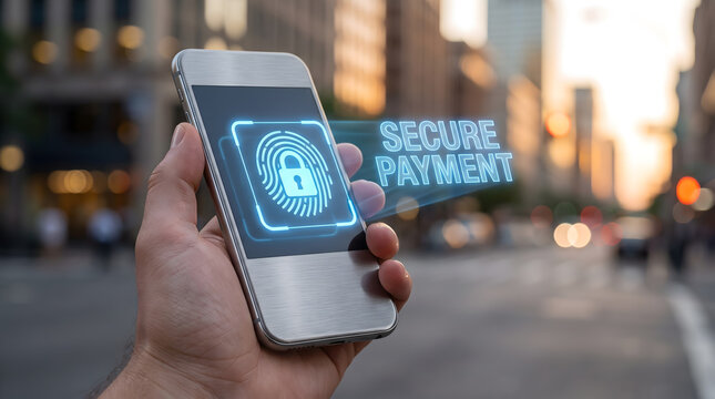 Hand holding smartphone with glowing biometric fingerprint lock and secure payment hologram on city street, Mobile banking and secure payment concept with fingerprint authentication.