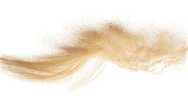Isolated powerful burst of golden sand particles in a dynamic, abstract, flowing motion