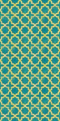 Fototapeta premium Seamless hand-drawn Moroccan trellis pattern with unique rough watercolor texture on gold and blue. Perfect organic geometric background for luxury branding, packaging, ceramic tiles and paper crafts