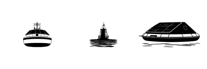 Solar-powered desalination buoy set with solid black silhouette and bold sharp edges featuring ocean, technology, buoy with white background and water © Al