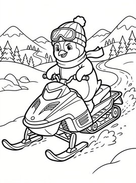 Coloring page, cool penguin riding a snowmobile on a mountain.
