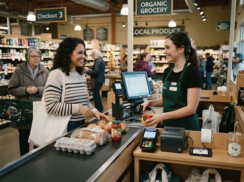 Friendly Grocery Store Cashier Assisting A Female Customer At The Checkout Counter During A Daily Shopping Trip
