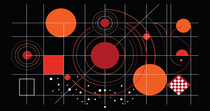 Abstract geometric constructivism vector illustration background featuring dark red circles line grids grid nodes and supremacist art elements.