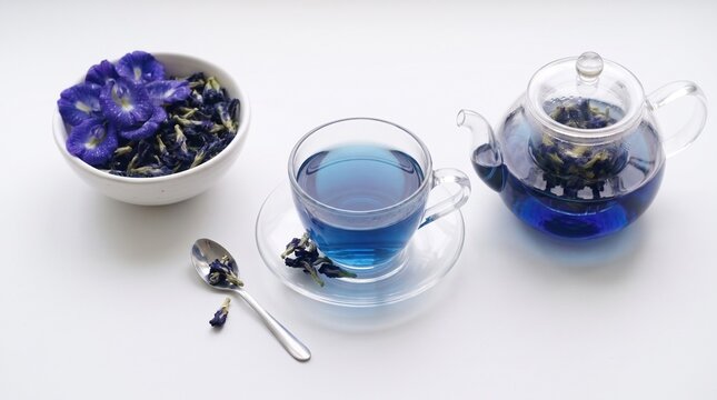 Butterfly pea flower tea set. Glass teapot, cup of blue herbal tea, dried and fresh clitoria ternatea flowers in white bowl isolated on white background