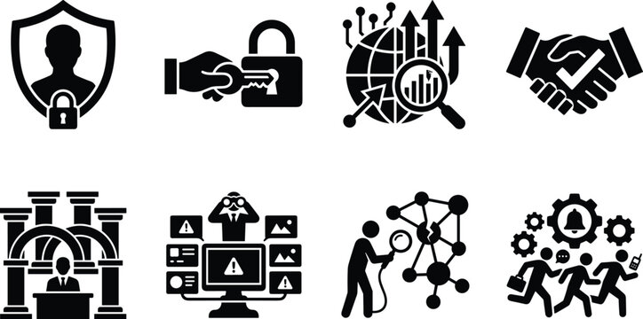 Global Cyber Security Risk Management and Corporate Compliance Solid Icon Set Representing Data Protection and Threat Monitoring
