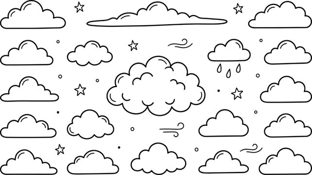 Hand drawn doodle clouds vector collection featuring cute sky outlines sketchy stars raindrops and wind blow symbols for pattern designs.