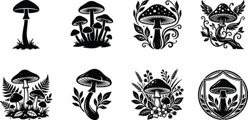 Fototapeta premium Mushroom and fungi vector illustration set featuring mystical cottagecore forest elements botanical line art and linocut designs in image_e962f3.png