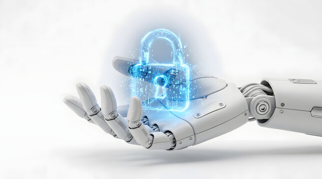 Robotic hand supports a shimmering digital padlock to represent the evolution of cybersecurity and the protection of sensitive information in a cloud-based network.
