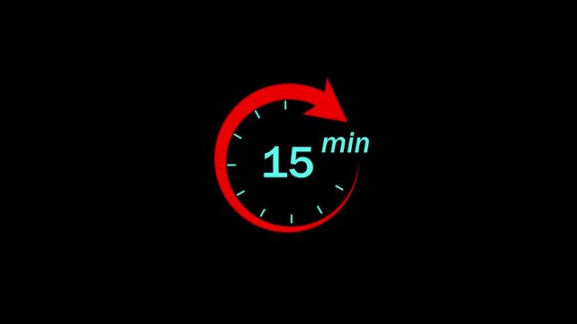 15 minute countdown timer with red circular progress arrow and minimalist digital typography for time management, productivity tracking, and efficient interval training presentations