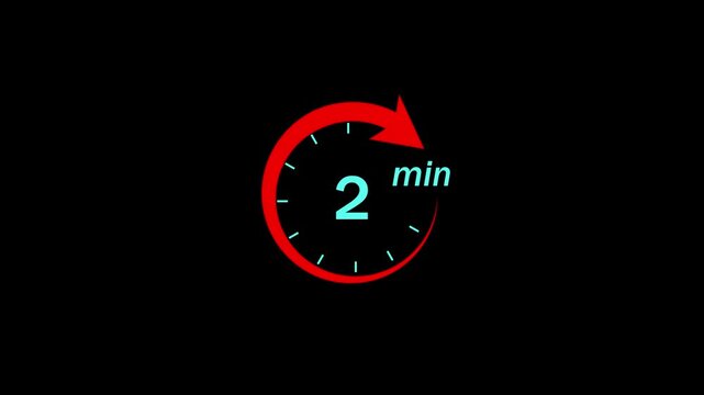 Minimalist two minute countdown timer featuring a bright red circular progress arrow and digital clock interface isolated on a solid black background, for time management projects