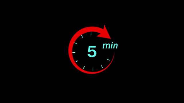 Five minute countdown timer with red circular arrow progress indicator and minimalist digital clock style for presentations, time management tutorials, and dynamic broadcast media