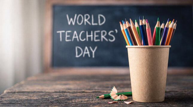 A paper cup filled with colorful pencils on a rustic wooden table with the words World Teachers Day written on a blurred blackboard in the background.