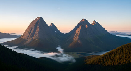 Fototapeta premium Majestic mountain landscape at sunrise with valley fog and forest-covered slopes a serene natural view