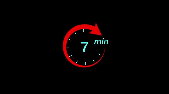 Seven minute countdown timer with red circular progress arrow and minimalist digital clock interface for presentations, time management tutorials, and dynamic broadcast motion