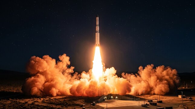 Minuteman III intercontinental ballistic missile launching at night. Powerful rocket liftoff with fiery exhaust and smoke plumes in dark sky.