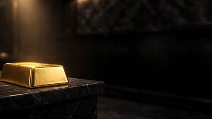 Fototapeta premium Luxury Gold Bullion Ingot Resting on a Dark Polished Marble Surface in a Moody Atmospheric Vault