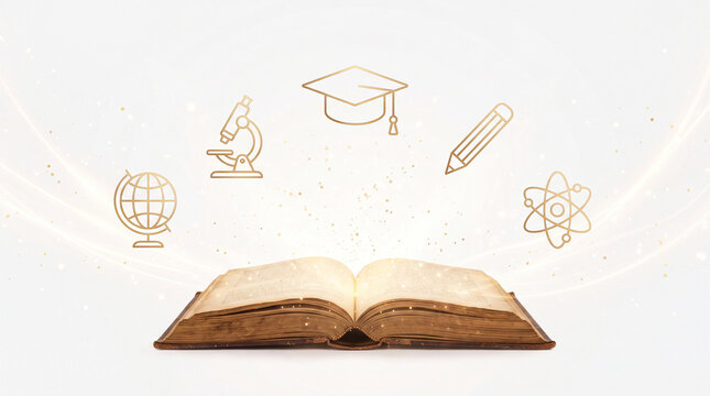 An open vintage book on a white background with golden glowing educational icons including a microscope, globe, graduation cap, and pencil with magic light.