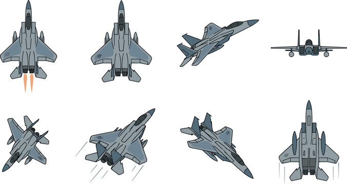 Military fighter jet aircraft vector collection showing modern camouflage supersonic warplane from multiple perspective angles and flight views.