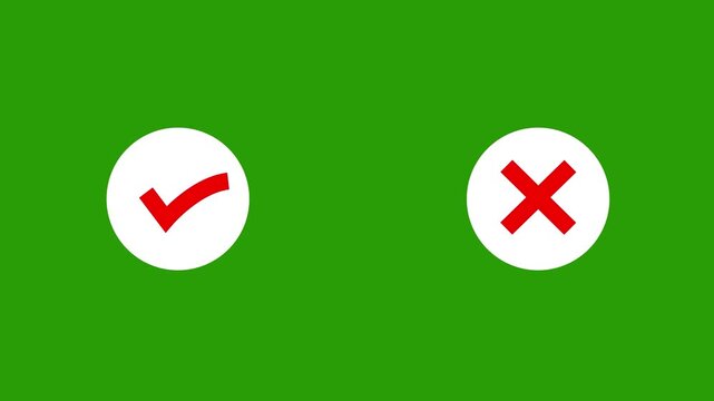 Animated green screen checkmark and cross symbols for motion highlighting correct and incorrect choices, approval and rejection for ui ux digital feedback