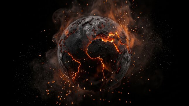 Burning planet concept with molten surface and sparks destruction abstract