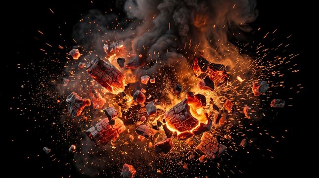 Exploding fire particles and intense burning debris with explosion, particles
