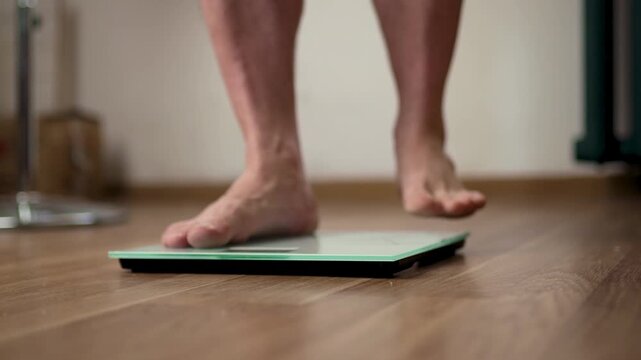  Low Angle Tracking Shot of Feet Walking to Weight Scale