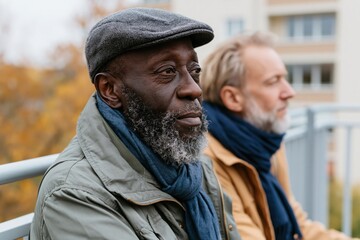 Obraz premium Elderly men on balcony in autumn for friendship background banner showing contemplative seniors enjoying city view