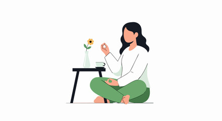 Fototapeta premium Minimalist Illustration of a Woman Meditating in Lotus Pose near a Small Table with Tea and Flower - Mental Health and Wellness Concept