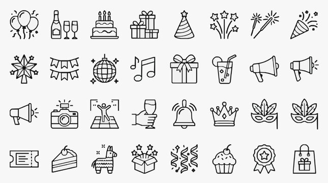 Modern Black and White Line Icons Set Featuring Party Celebration Awards and Event Symbols for Digital Design