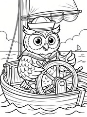 Fototapeta premium Coloring page, wise owl steering a classic sailboat.