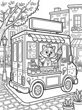 Coloring page, friendly raccoon serving ice cream from a food truck.