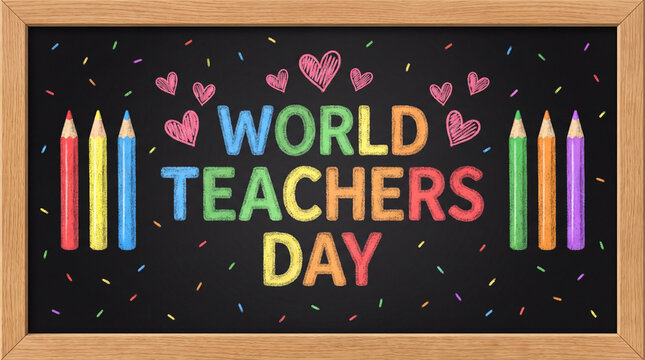 A celebratory World Teachers Day message written in colorful chalk on a classic wooden-framed blackboard, decorated with hearts and pencil illustrations.
