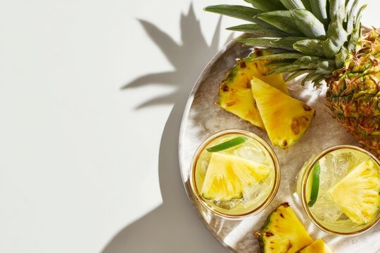 Two tropical pineapple drinks with lime slices and ice on round tray