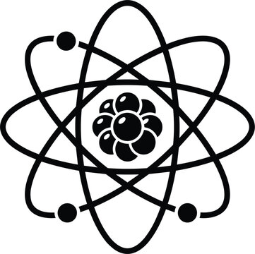 Black and white line art illustration of atomic structure with nucleus and orbiting electrons, science, physics, and nuclear energy concept vector icon