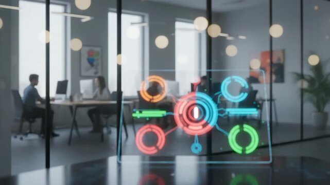 Clear medium shot of a predictive alert screen on a digital dashboard emphasizing vibrant colorcoded notifications and softfocus office environment behind.