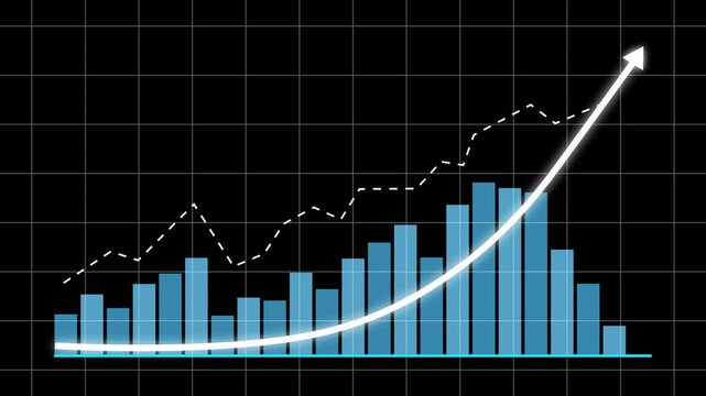 Dynamic financial growth bar chart animation with rising trend line and glowing arrow overlay on dark grid background, for corporate business, presentations, economic data, analysis, and market
