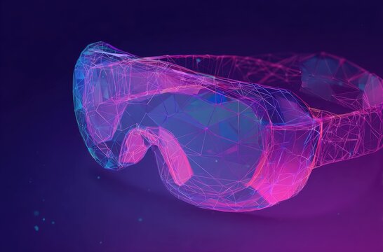 Frontal view of purple wireframe VR goggles.