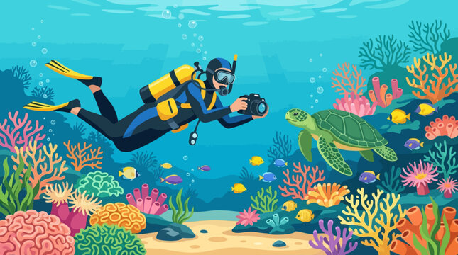 2D Flat Vector Scuba diver photographs a sea turtle swimming among colorful coral reefs and small fish underwater