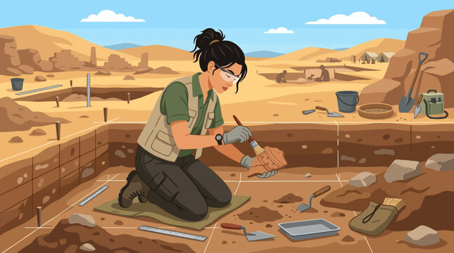 2D Flat Vector Archaeologist carefully brushes ancient pottery shard at desert excavation site with tents in background