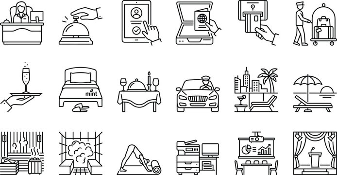 Luxury Hotel Service Line Icon Set with Reception Check-In Room Service Valet Yoga and Beach Resort Symbols for Hospitality Design