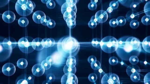 Glowing atomic lattice structure scientific model for corporate technology presentation background