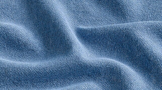Close-up of light blue denim fabric texture, soft textile folds, casual material background, detailed woven pattern for apparel and design projects.