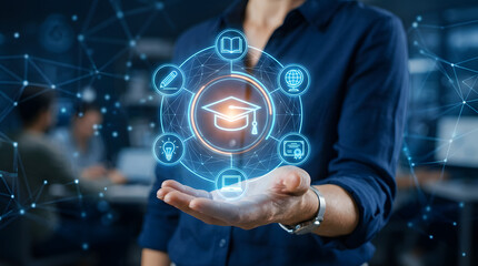 Fototapeta premium Hand holding glowing holographic educational icons, representing digital learning, future knowledge, and technology integration in online academia