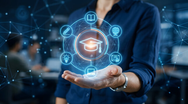 Hand holding glowing holographic educational icons, representing digital learning, future knowledge, and technology integration in online academia