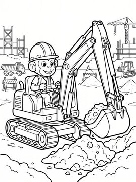 Coloring page, clever monkey operating an excavator.