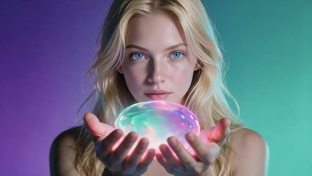 Blond woman holds glowing orb with gentle hands. Her eyes reflect calm wonder and curiosity. Purple and teal lighting frame her softly. Ideal for fantasy, magic, or spiritual themes